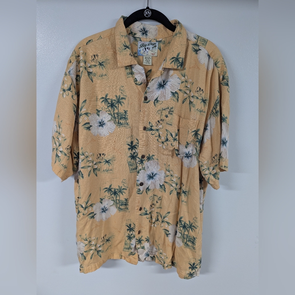 Big Dog Men's Floral Hawaiian Shirt - Gold With Dog and Hibiscus Pattern. Size L